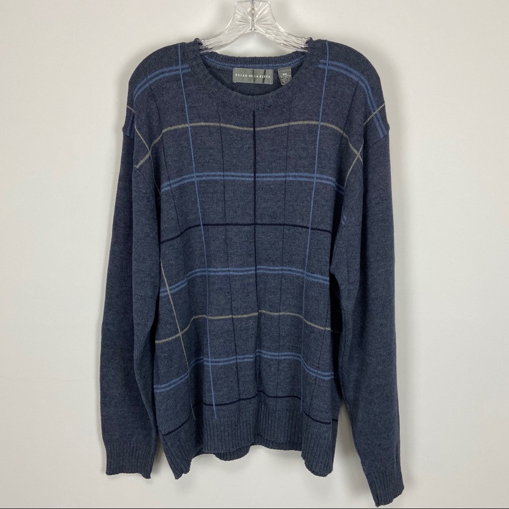 Oscar de la Renta Mens Blue Plaid Crew Neck Sweater Pullover size XXL